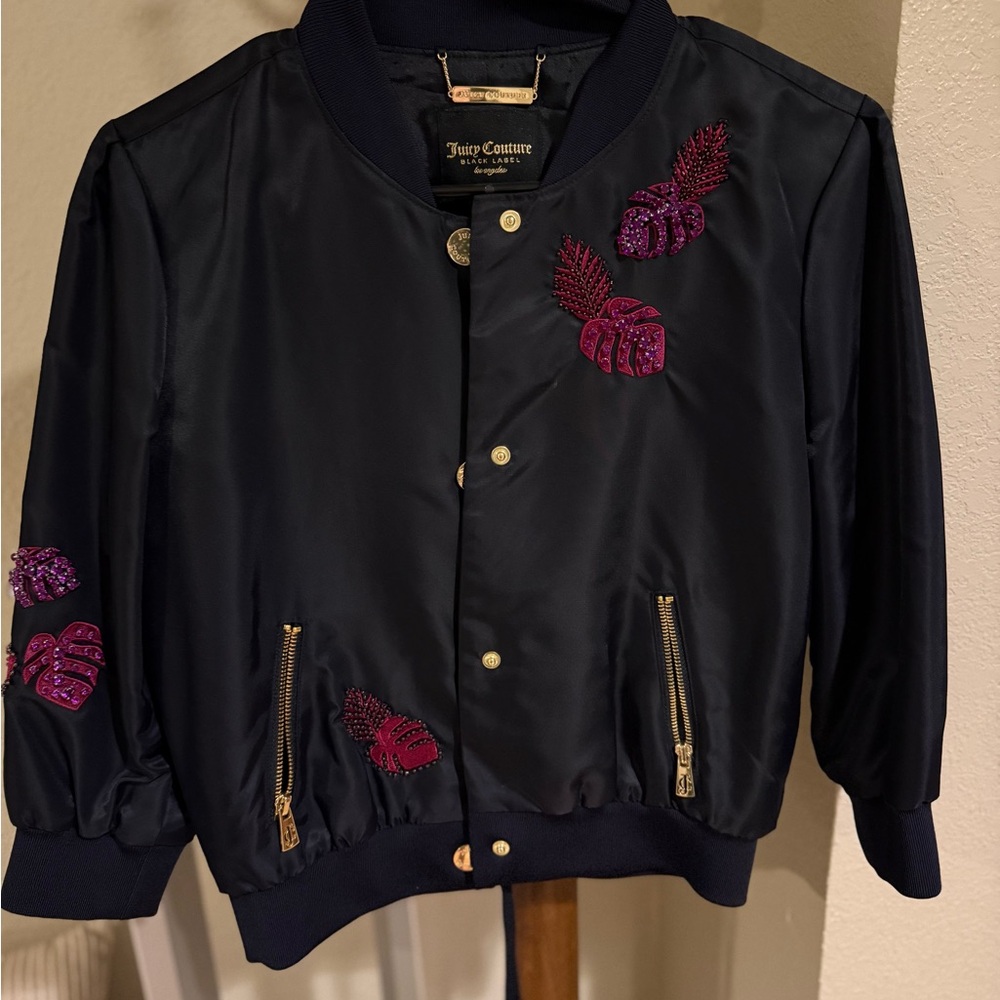 Juicy Couture Black Satin Bomber Jacket with Pink Embroidered Pineapples